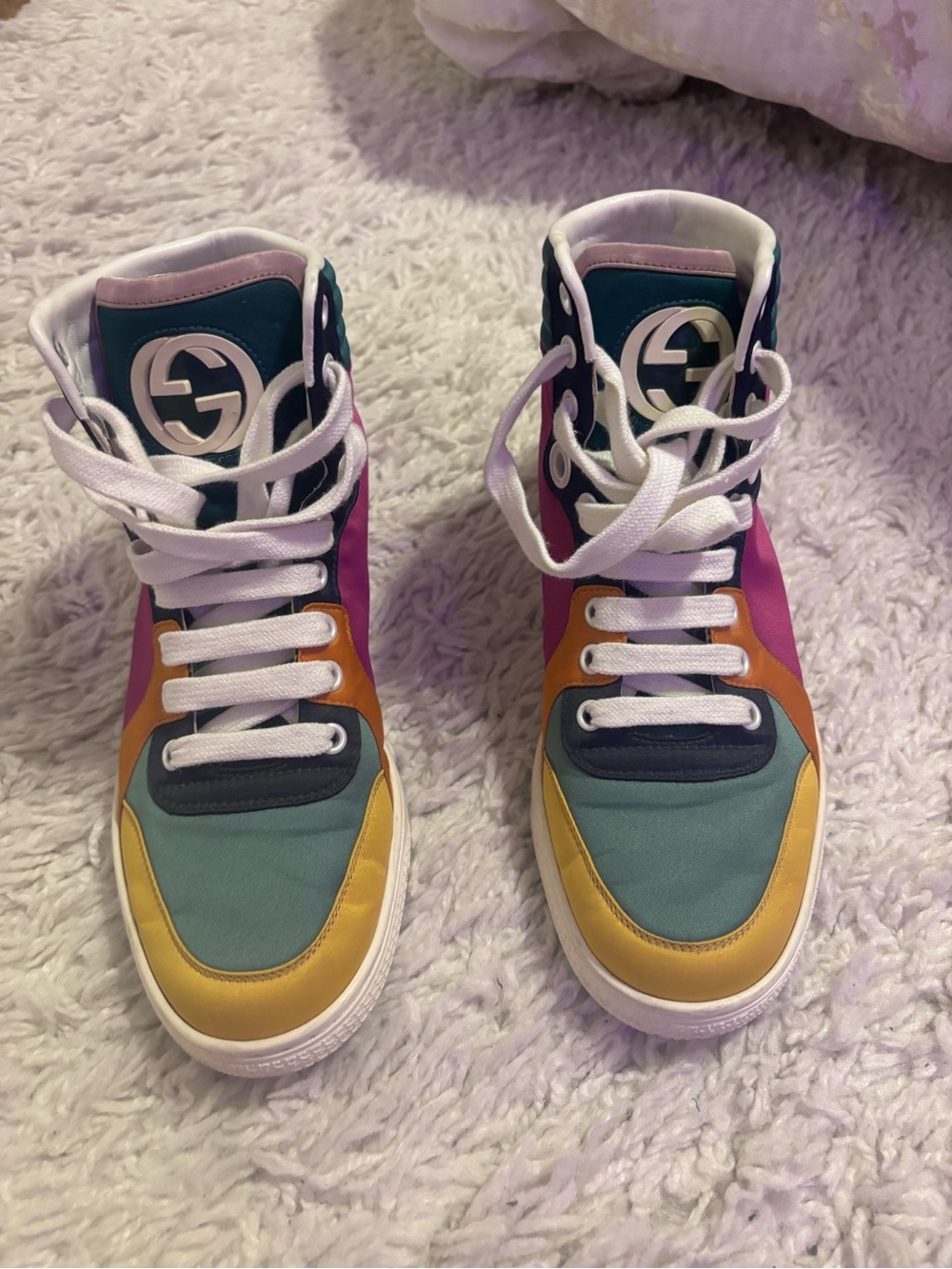 Gucci Multicolor High-Top Sneakers in Teal, Yellow, Pink & Orange